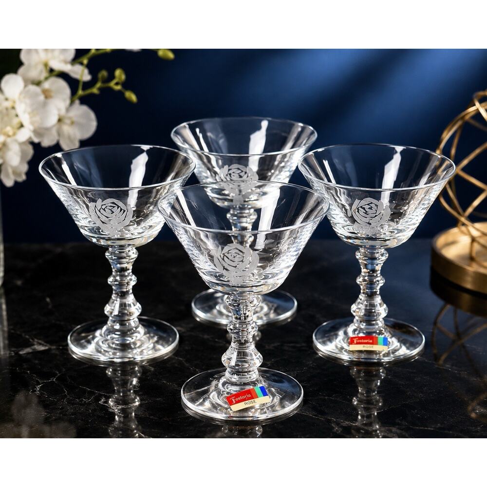 Fostoria Cut Crystal Sherbet Glasses “Rose” Pattern Set of 4 Original Tags Bar